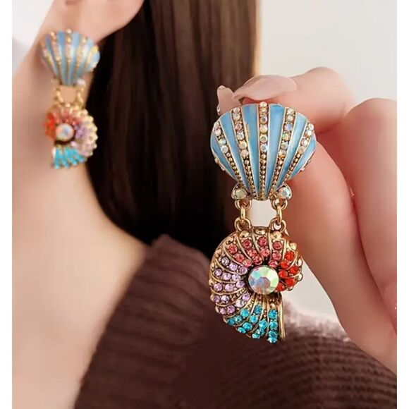 Stunning Blue Shell Rhinestone Earrings 2.24" Ombre Purple Pink Red - Picture 2 of 6